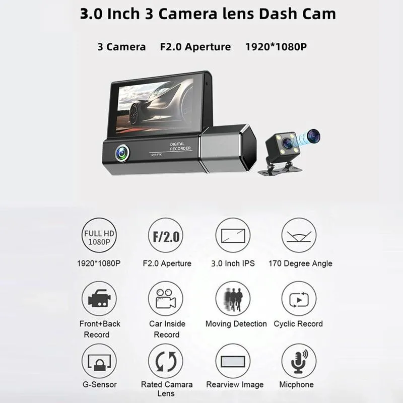 1080p Hd Multi-language Driving Recorder with 3 Lenses
