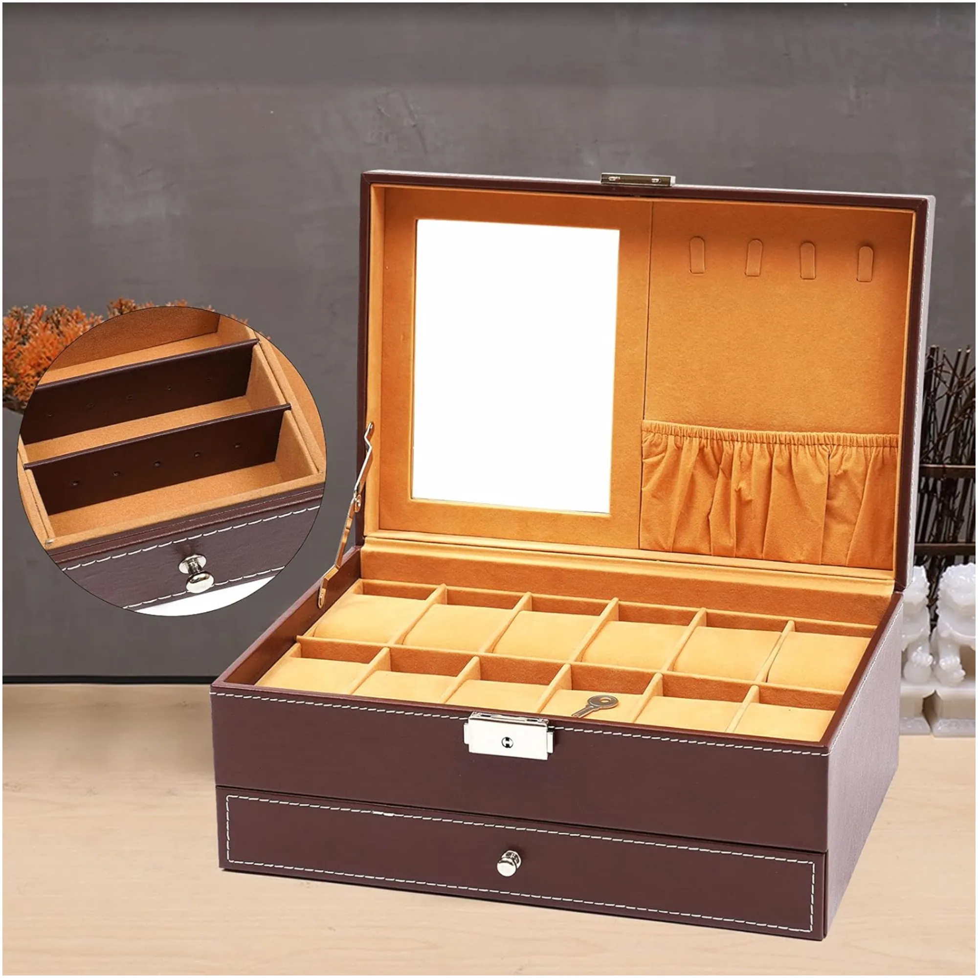 12-Watch Storage Box And Sunglasses, Jewelry Drawer With Mirror Blwl0073