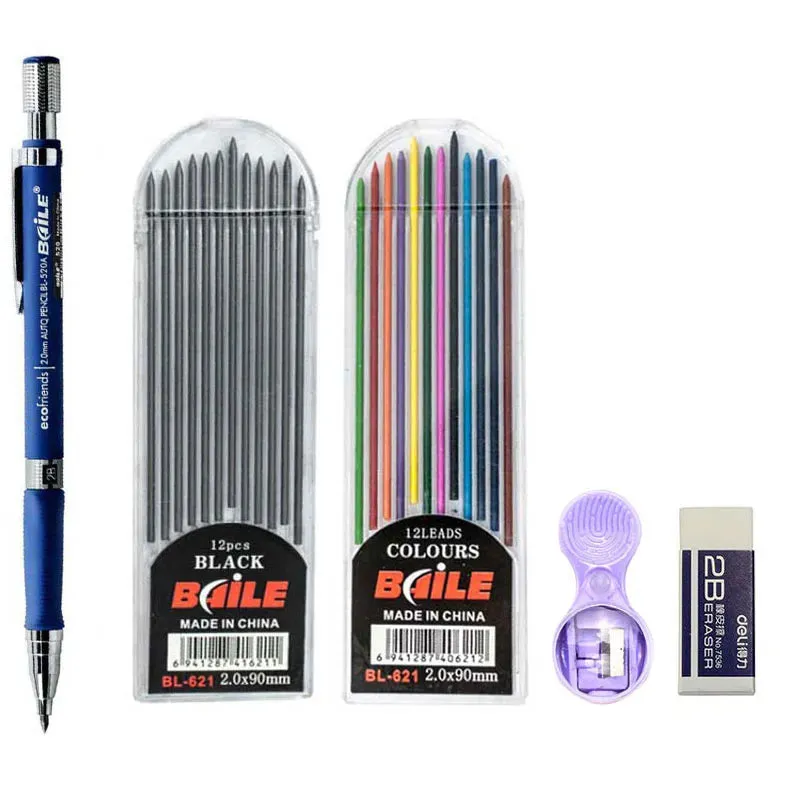 2.0mm Mechanical Pencil Set with Colour Black Lead Refills for Drafting Writing Crafting Art Sketch