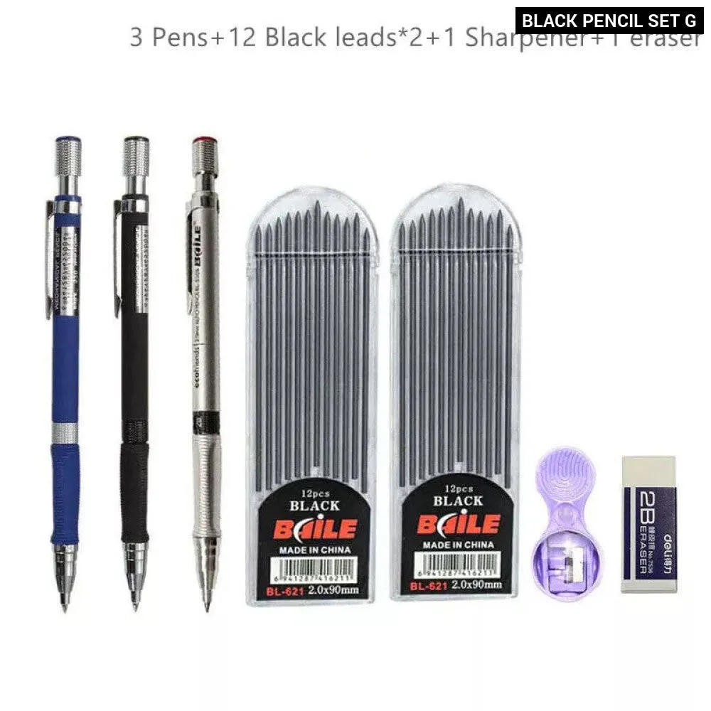 2.0mm Mechanical Pencil Set with Colour Black Lead Refills for Drafting Writing Crafting Art Sketch