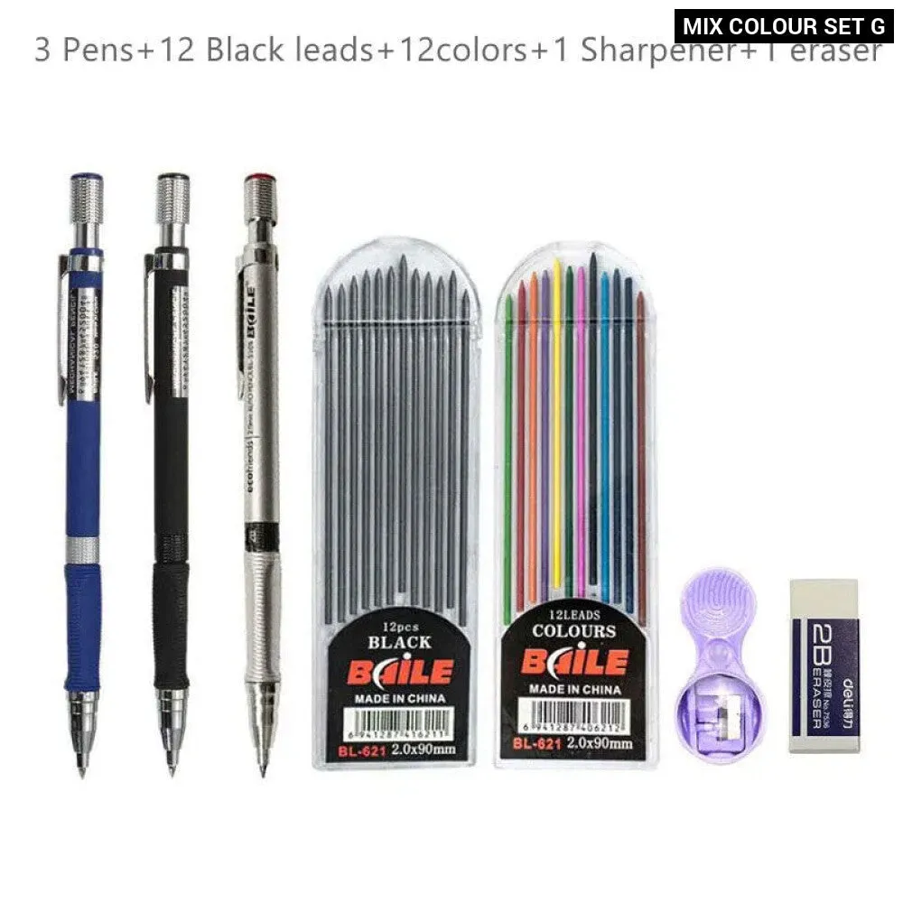 2.0mm Mechanical Pencil Set with Colour Black Lead Refills for Drafting Writing Crafting Art Sketch