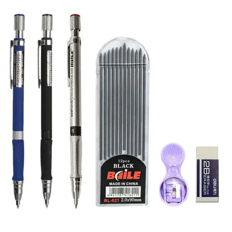 2.0mm Mechanical Pencil Set with Colour Black Lead Refills for Drafting Writing Crafting Art Sketch