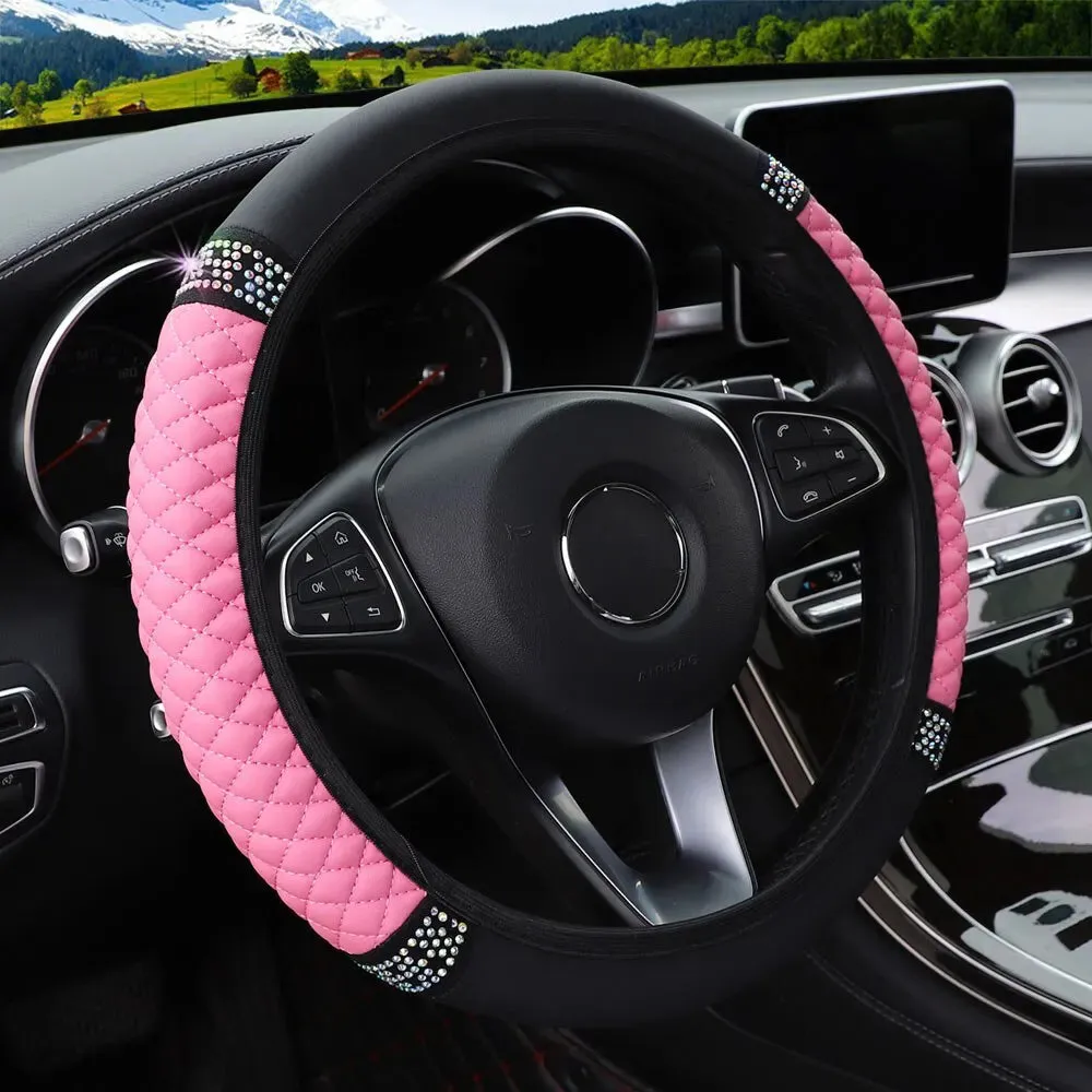 3d Leather Car Steering Wheel Cover 37 38cm Diamond Encrusted Embroidery Breathable no Inner Ring