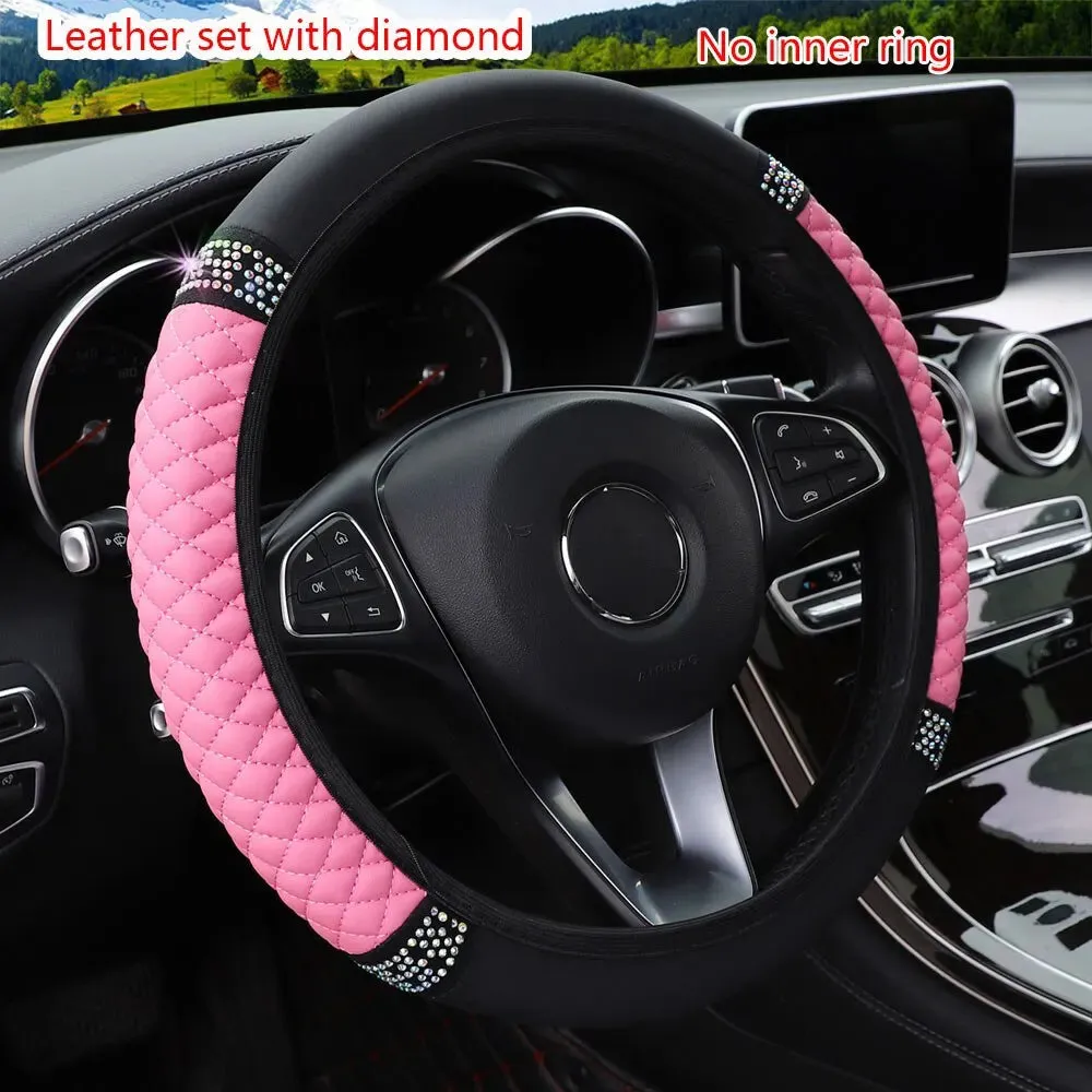 3d Leather Car Steering Wheel Cover 37 38cm Diamond Encrusted Embroidery Breathable no Inner Ring