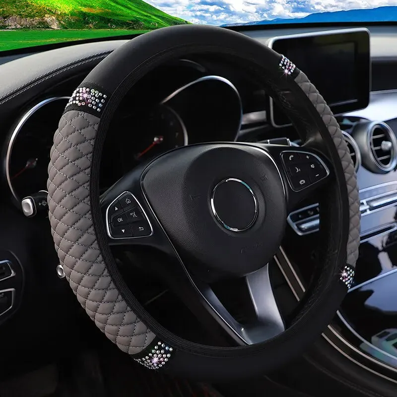 3d Leather Car Steering Wheel Cover 37 38cm Diamond Encrusted Embroidery Breathable no Inner Ring