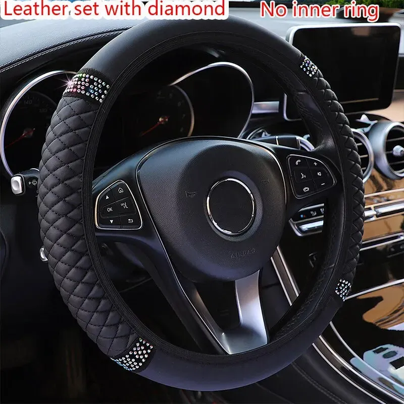 3d Leather Car Steering Wheel Cover 37 38cm Diamond Encrusted Embroidery Breathable no Inner Ring