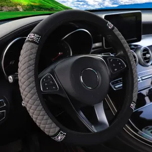 3d Leather Car Steering Wheel Cover 37 38cm Diamond Encrusted Embroidery Breathable no Inner Ring