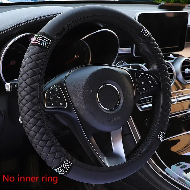 3d Leather Car Steering Wheel Cover 37 38cm Diamond Encrusted Embroidery Breathable no Inner Ring