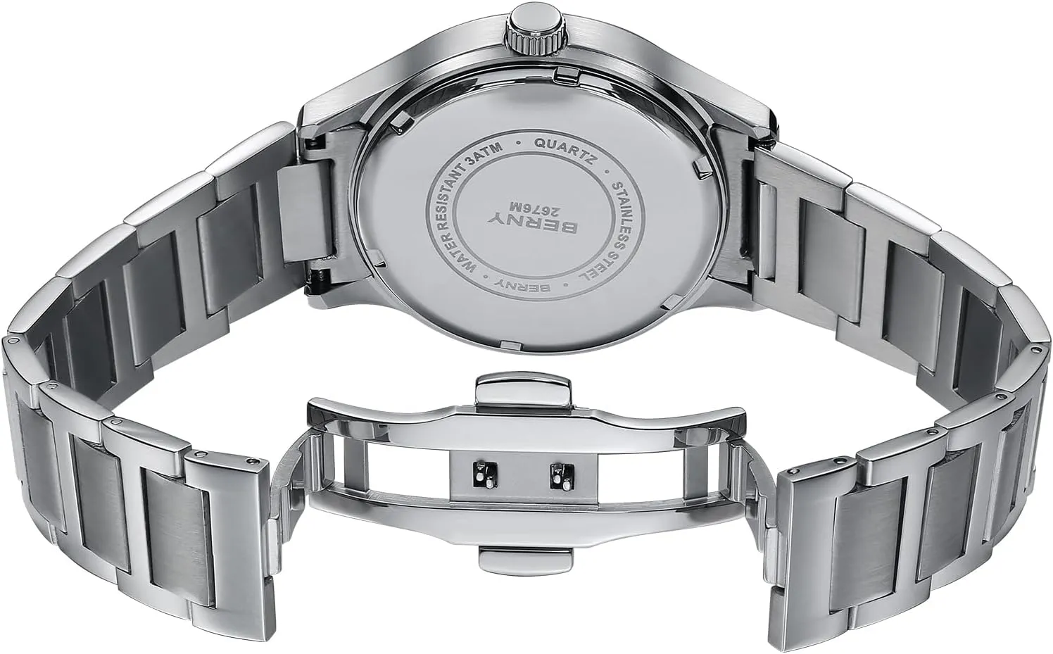 BERNY Mens Solid Stainless Steel Quartz Dress Watch Waterproof Sports Watches for Men Luminous Silver-Tone Wristwatches