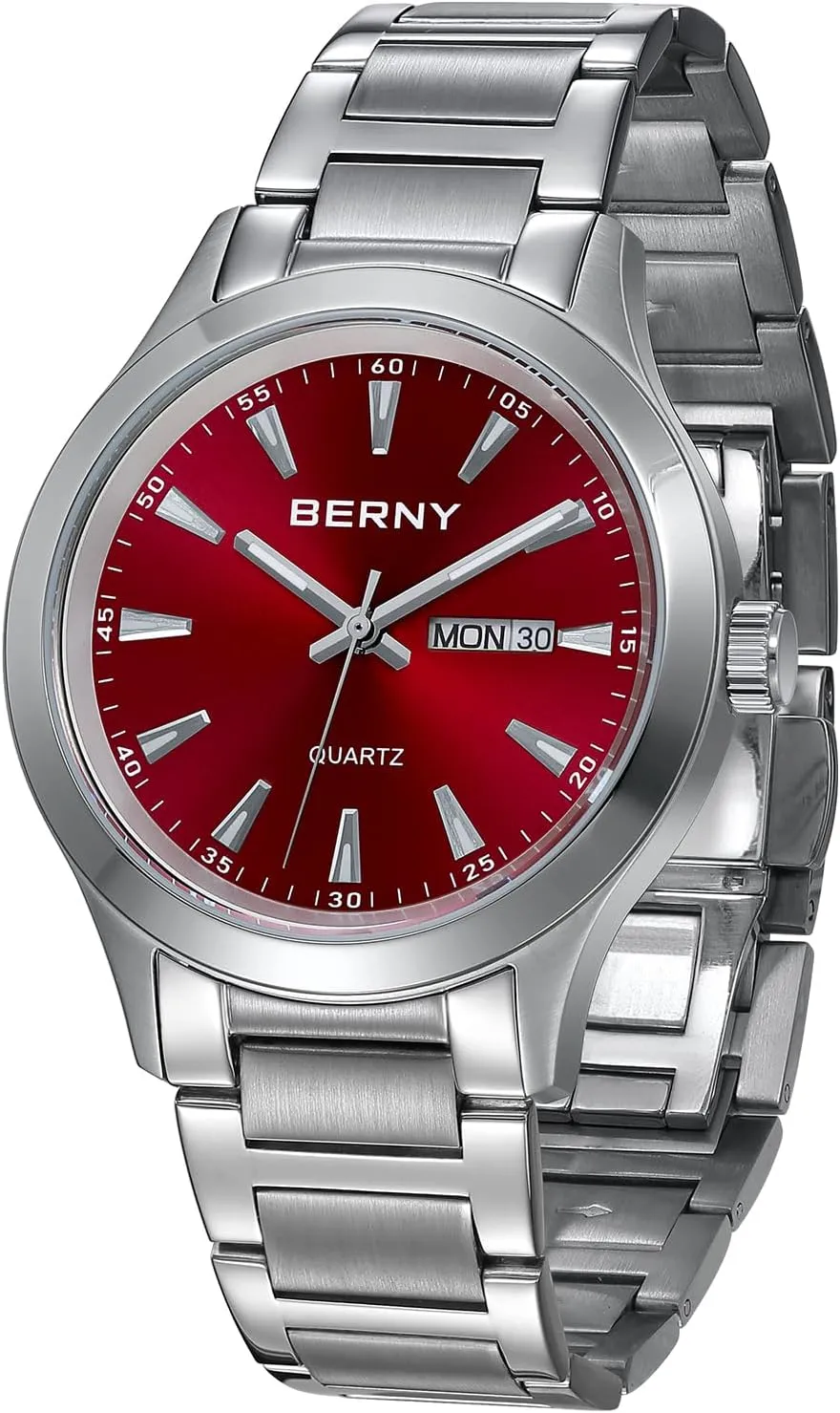 BERNY Mens Solid Stainless Steel Quartz Dress Watch Waterproof Sports Watches for Men Luminous Silver-Tone Wristwatches