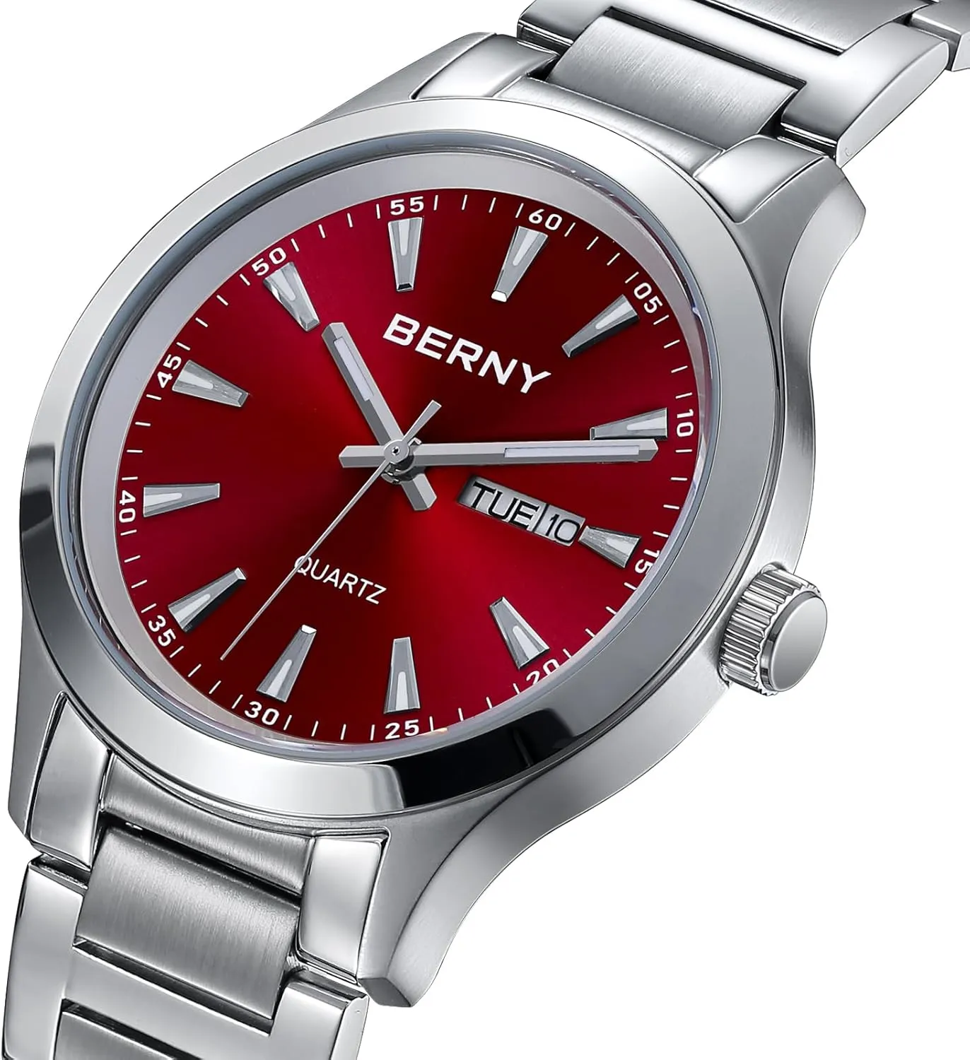 BERNY Mens Solid Stainless Steel Quartz Dress Watch Waterproof Sports Watches for Men Luminous Silver-Tone Wristwatches
