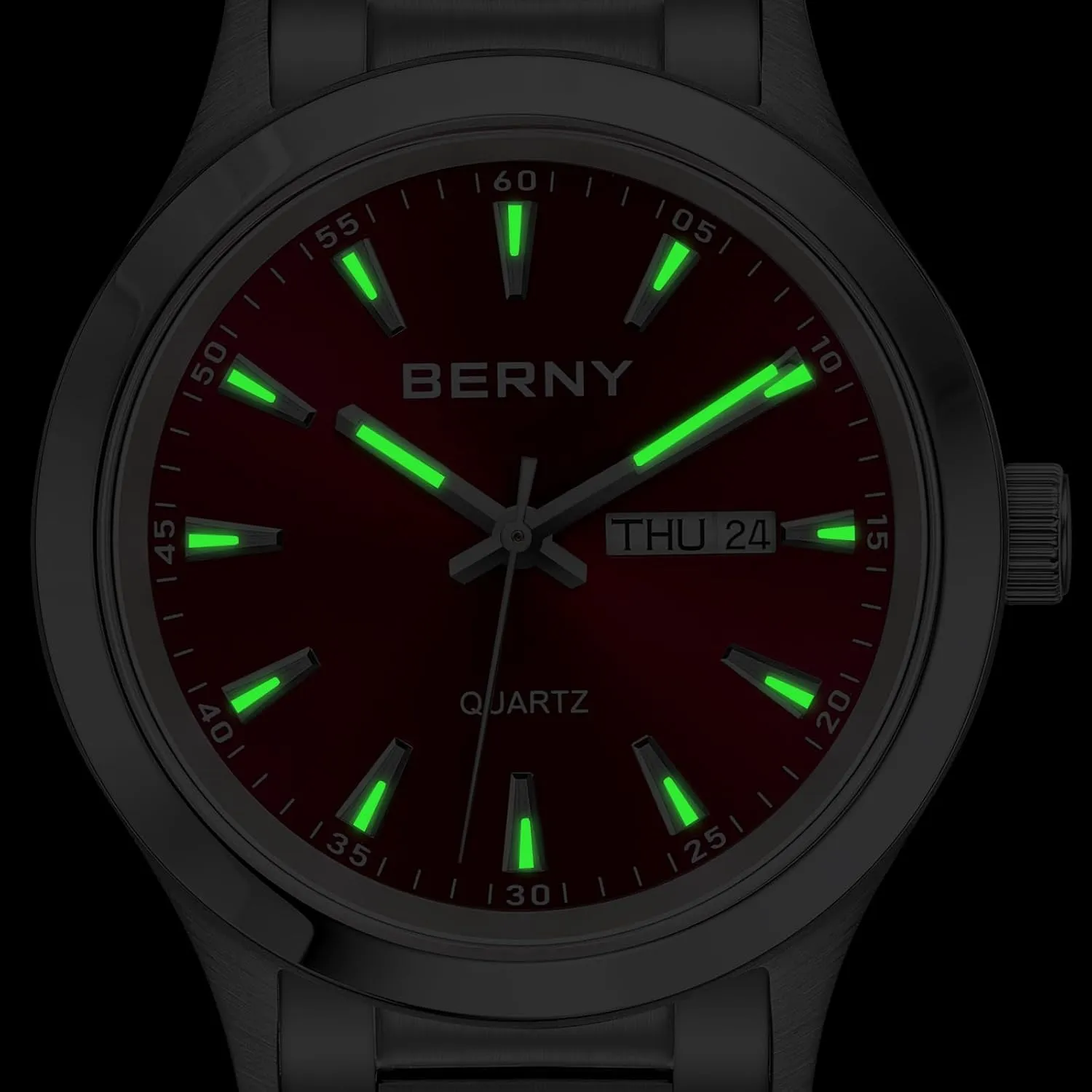 BERNY Mens Solid Stainless Steel Quartz Dress Watch Waterproof Sports Watches for Men Luminous Silver-Tone Wristwatches