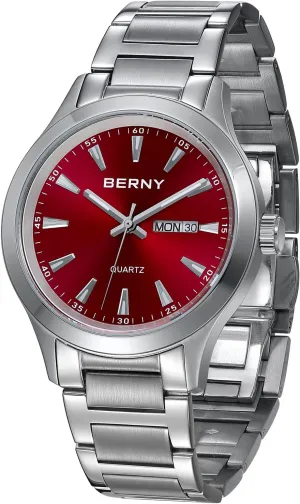 BERNY Mens Solid Stainless Steel Quartz Dress Watch Waterproof Sports Watches for Men Luminous Silver-Tone Wristwatches
