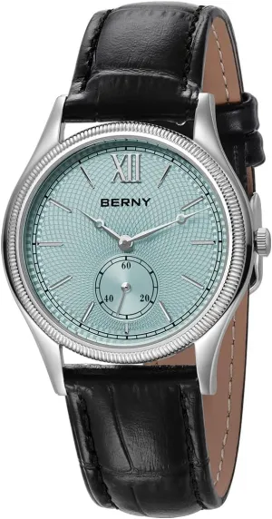 BERNY Silver Watch for Men Waterproof Men's Wristwatch Fashion Analog Quartz Watches Male Vintage Men Watch Classic Roman Numeral Marker with Stainless Steel Case Genuine Leather Band Birthday Present