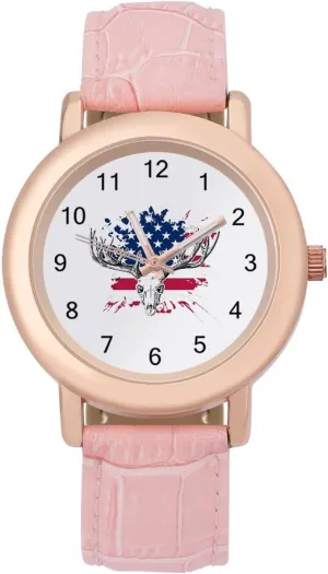 Deer Hunting USA American Flag Fashion Casual Watches for Women Cute Girls Watch Gift Nurses Teachers