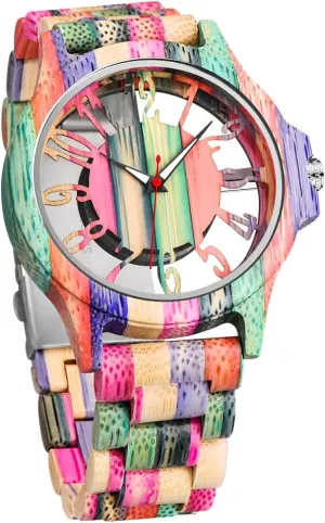 Dentily Wooden Watches for Men Handmade Colorful Bamboo Engraved Wood Watch Analog Quartz Men's Wooden Watch