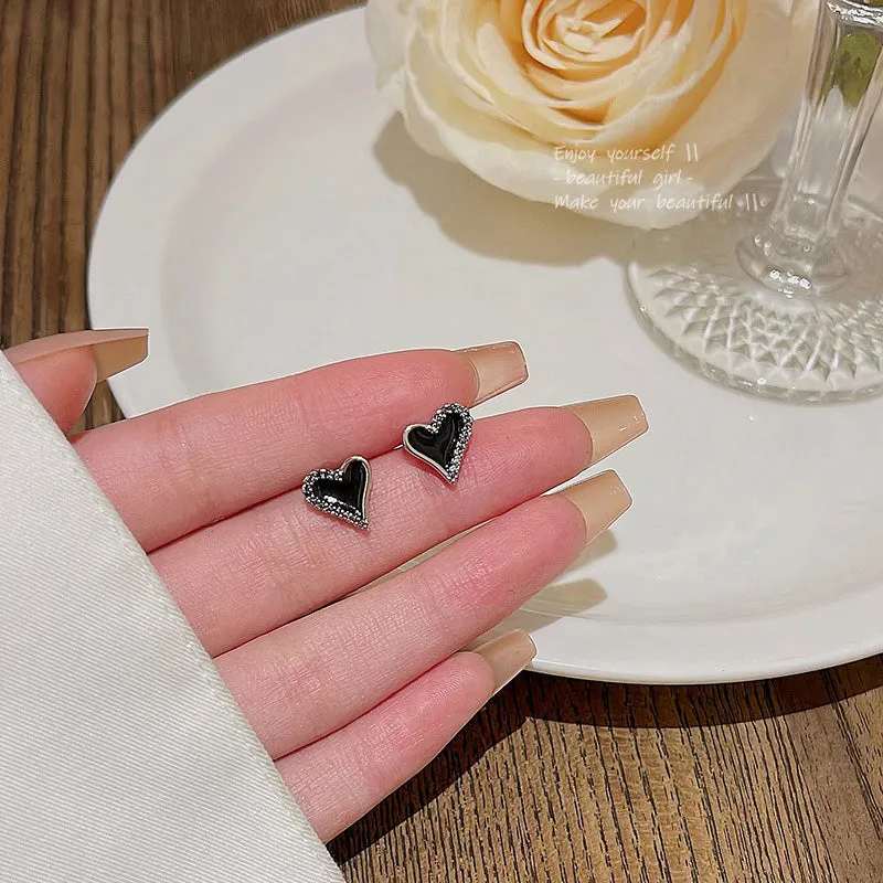 Earring Stud Cool Style Diamond Encrusted Black Peach Heart HXEE6088
