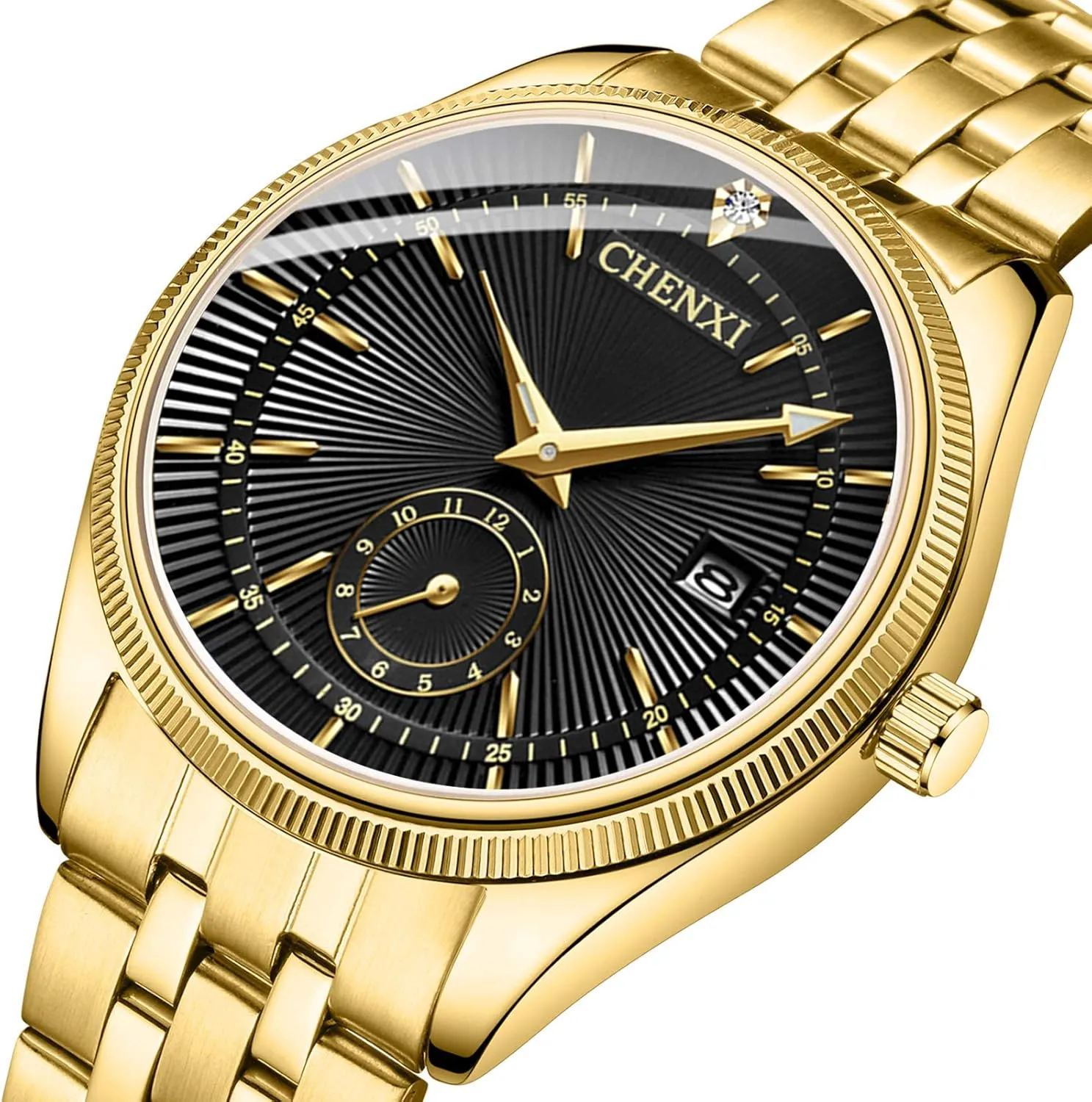 FANMIS Men's Luxury Analog Quartz Gold Wrist Watches Business Stainless Steel Band Dress Wrist Watch Classic Calendar Date Window 3ATM Water Resistant
