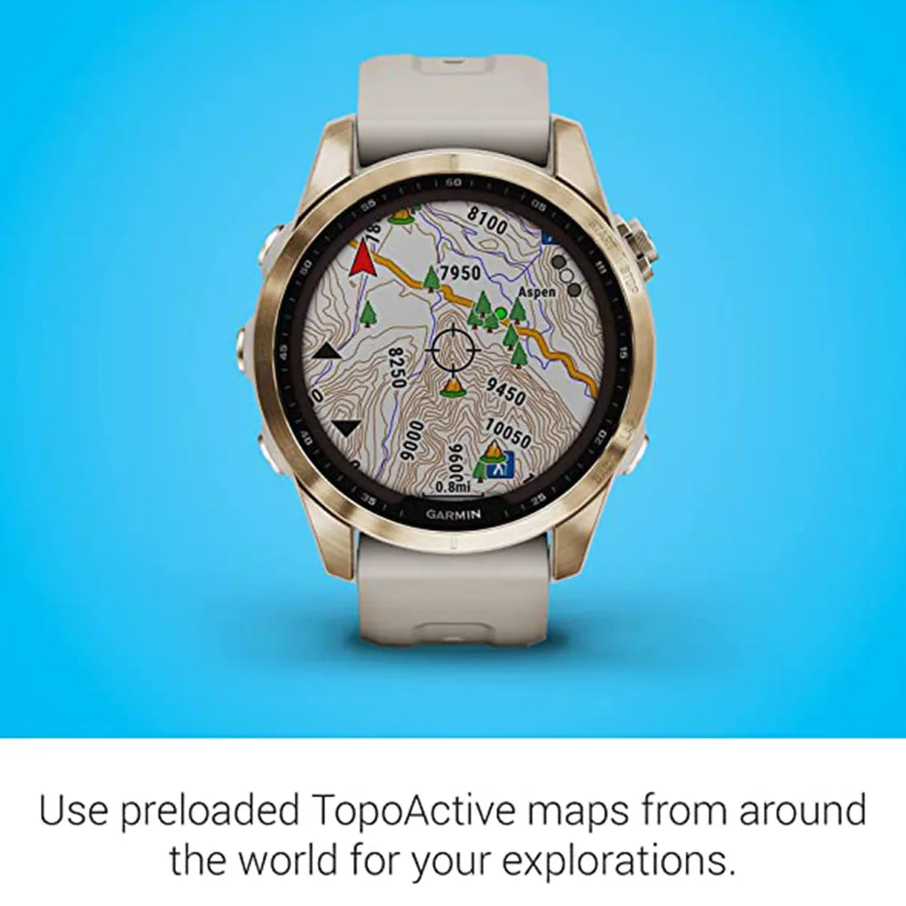 Garmin fenix 7S Sapphire Solar Cream Gold Titanium Light Sand Band Solar Charging Capabilities Rugged GPS Touchscreen Smartwatch - 010-02539-20