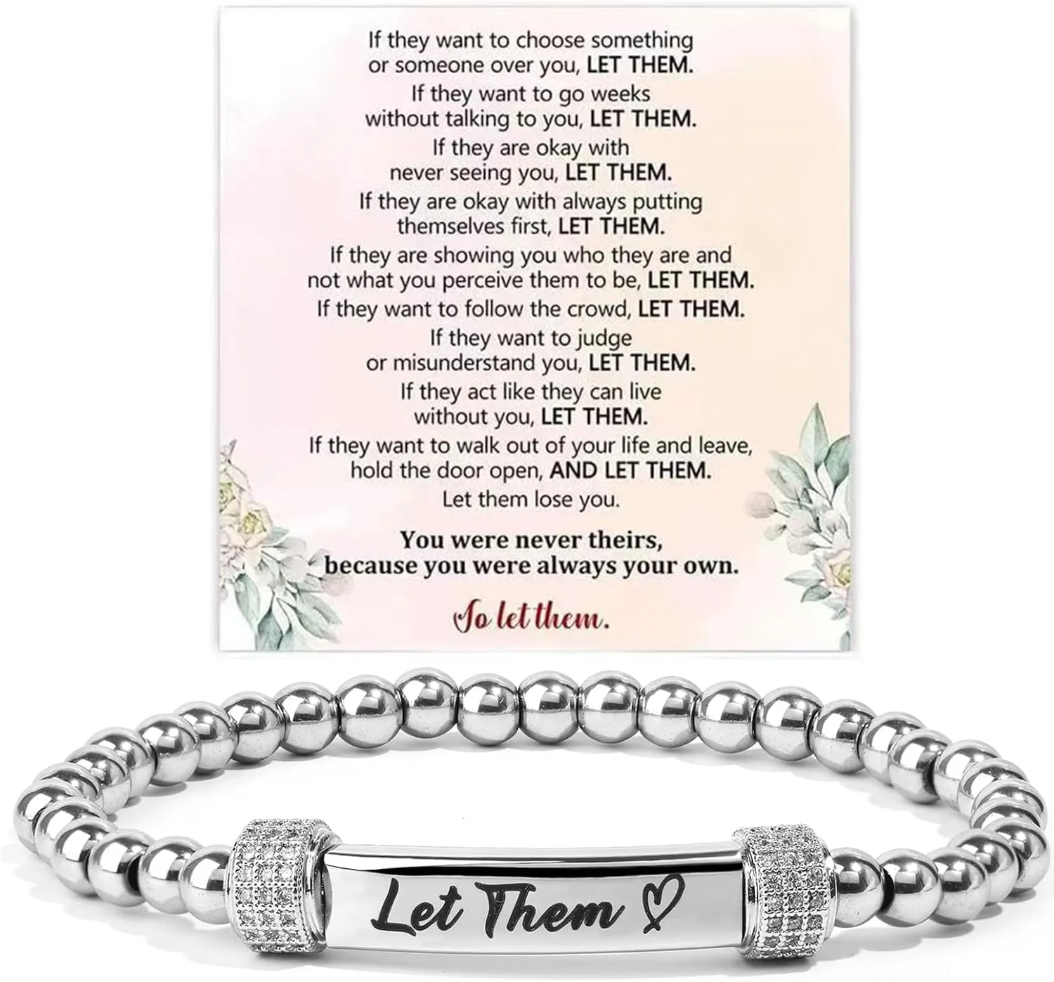 Let Them Diamond Beaded Stretch Bracelet Dainty Self Worth Motivational Stainless Steel Engraving Bracelets Crystal Energy Friendship Bracelet Jewelry Gifts for Women Men