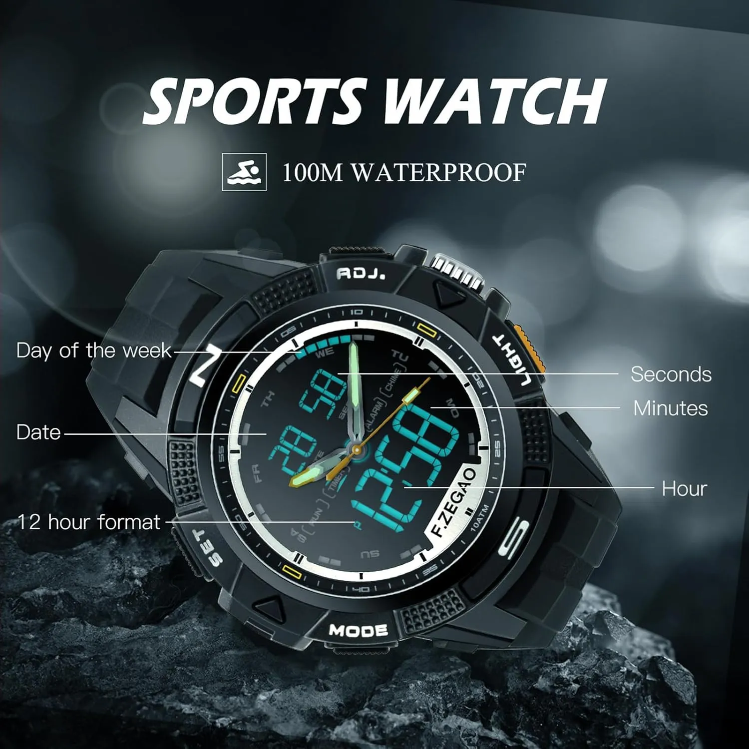 Men's Digital Watch Waterproof with Stopwatch Alarm, Ultra-Thin Super Wide-Angle Display Sport Digital Watches