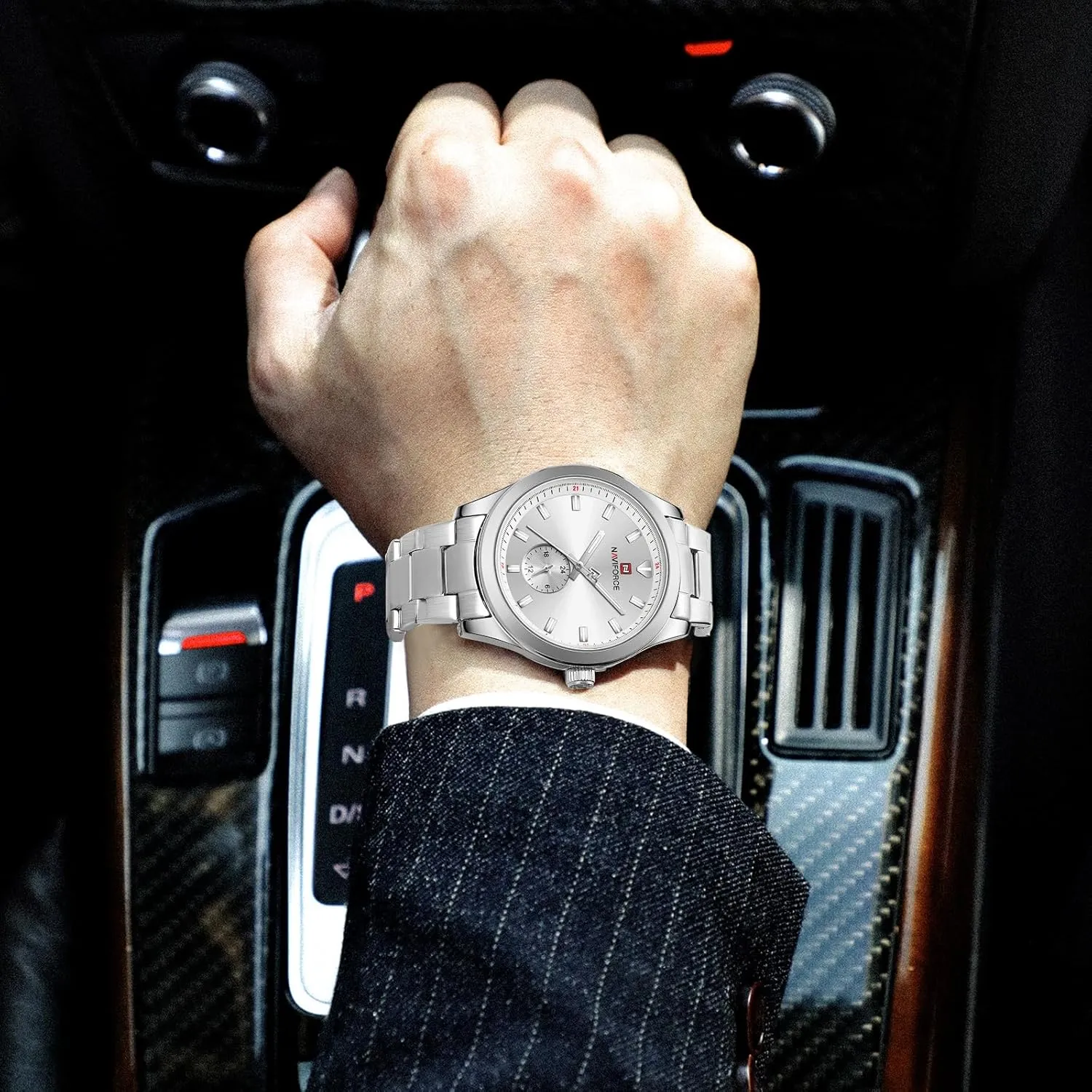 NAVIFORCE Fashion Business Mens Watches,with 24 Hour Display Stainless Steel Waterproof Quartz Watch,Gift Watch for Men