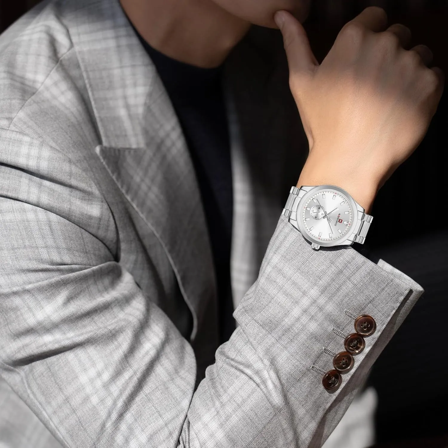 NAVIFORCE Fashion Business Mens Watches,with 24 Hour Display Stainless Steel Waterproof Quartz Watch,Gift Watch for Men