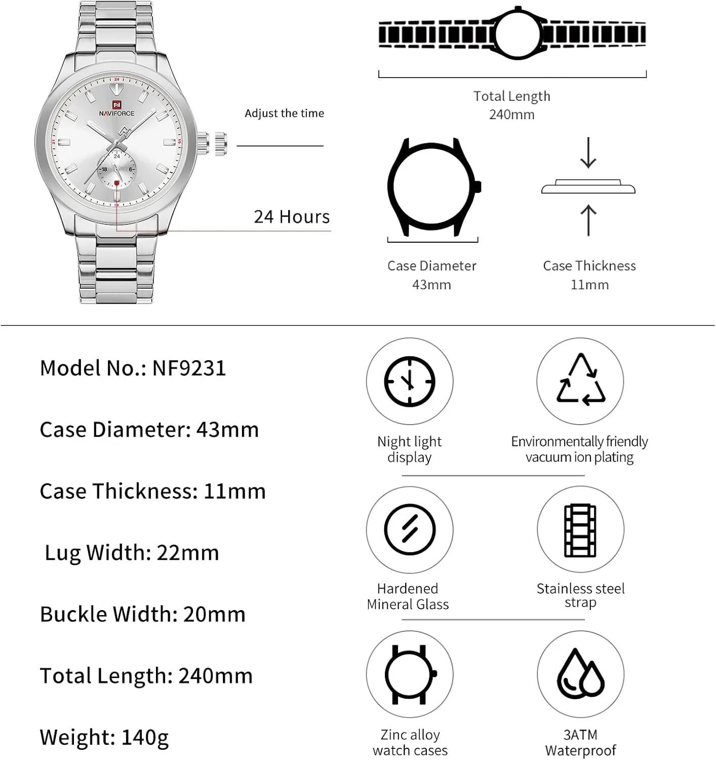 NAVIFORCE Fashion Business Mens Watches,with 24 Hour Display Stainless Steel Waterproof Quartz Watch,Gift Watch for Men