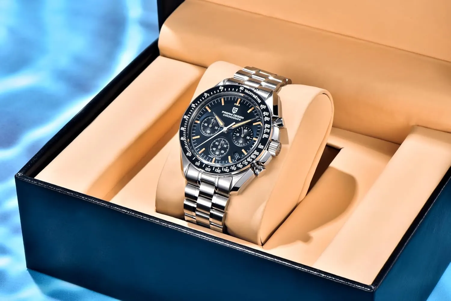 Pagani Design 1701 Men's Watch, Chronograph, VK63 Japanese Quartz Movement, Stainless Steel Bracelet, Water Resistant to 330 Feet (100 Meters), Sapphire Glass Wristwatch.