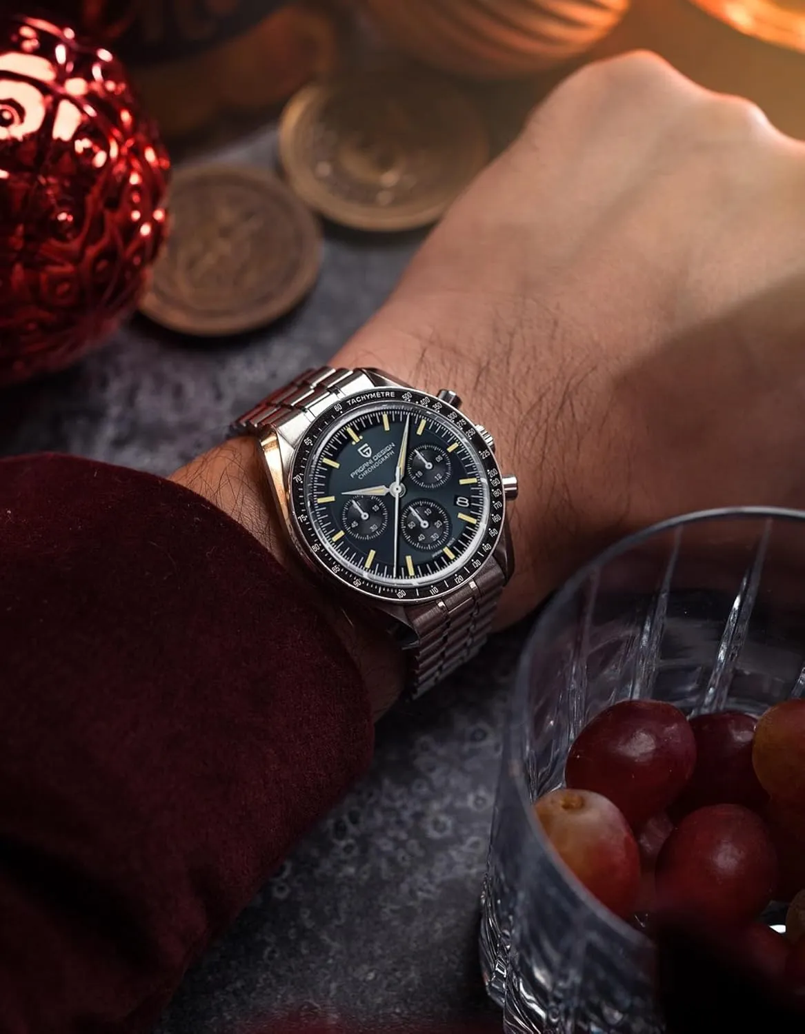 Pagani Design 1701 Men's Watch, Chronograph, VK63 Japanese Quartz Movement, Stainless Steel Bracelet, Water Resistant to 330 Feet (100 Meters), Sapphire Glass Wristwatch.