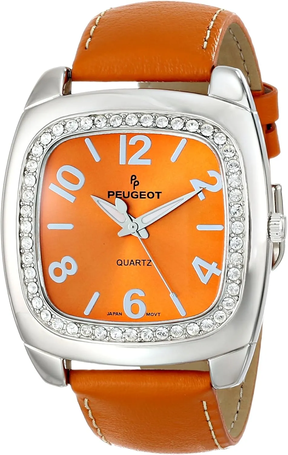 Peugeot Women's Crystal Bezel Boyfriend Size Watch, Easy to Read Dial with Colorful Leather Strap