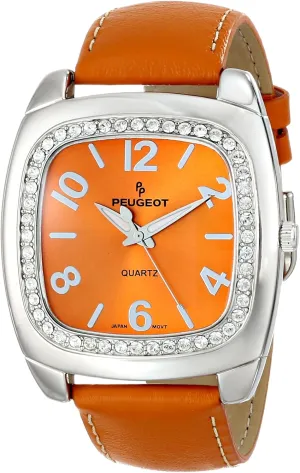 Peugeot Women's Crystal Bezel Boyfriend Size Watch, Easy to Read Dial with Colorful Leather Strap