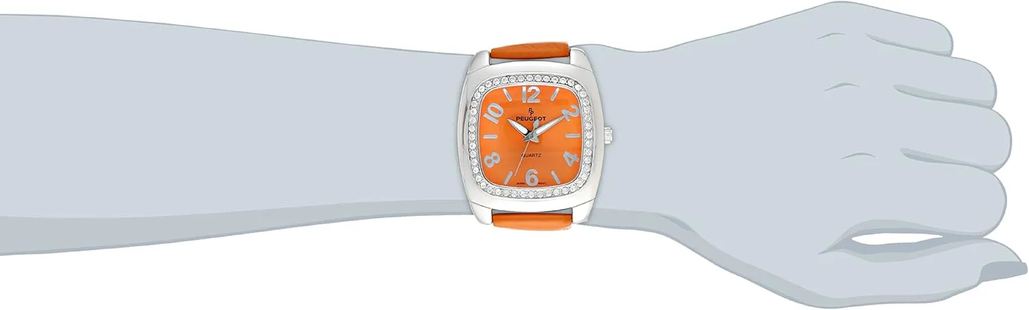 Peugeot Women's Crystal Bezel Boyfriend Size Watch, Easy to Read Dial with Colorful Leather Strap