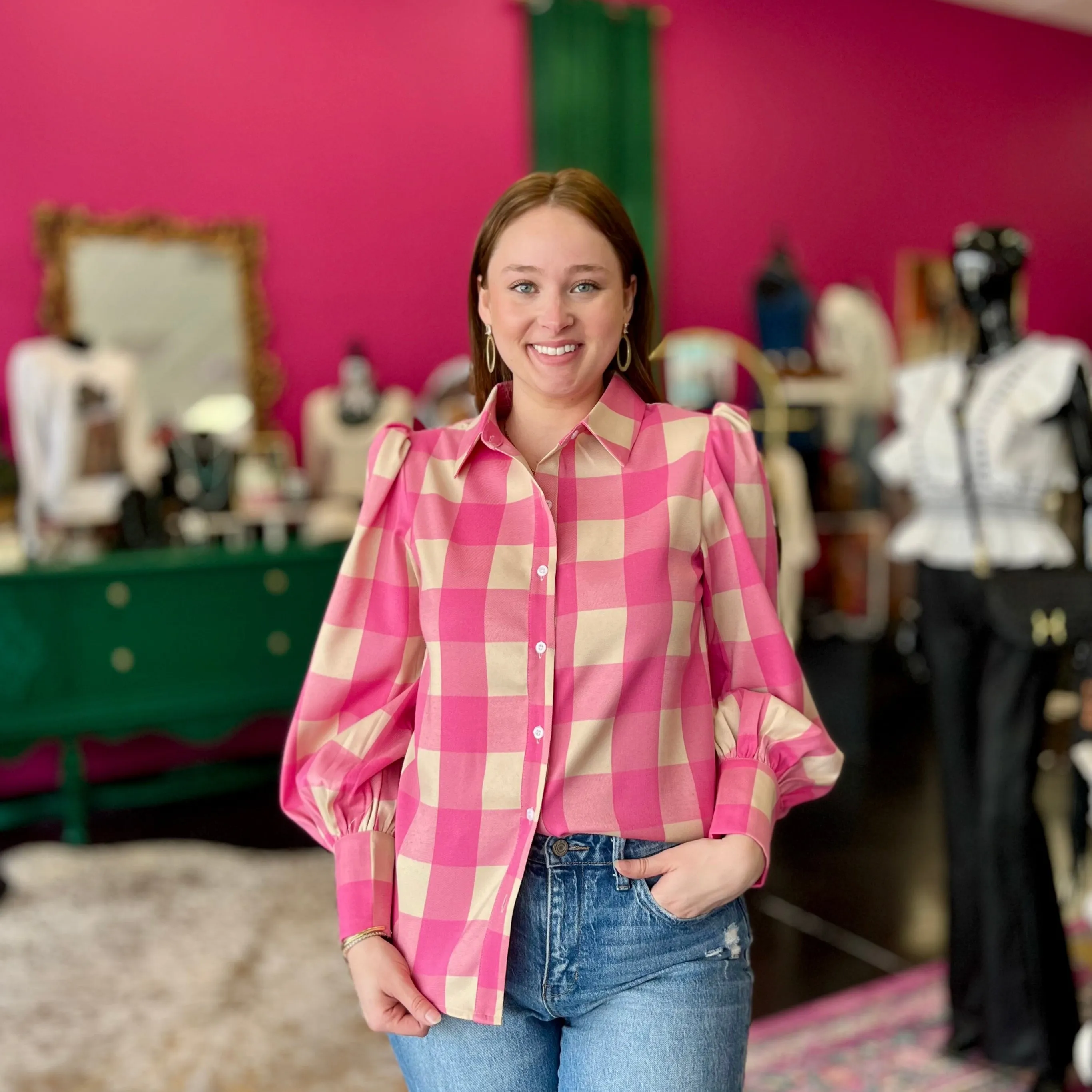 Pink & Ivory Gingham Button Up Top