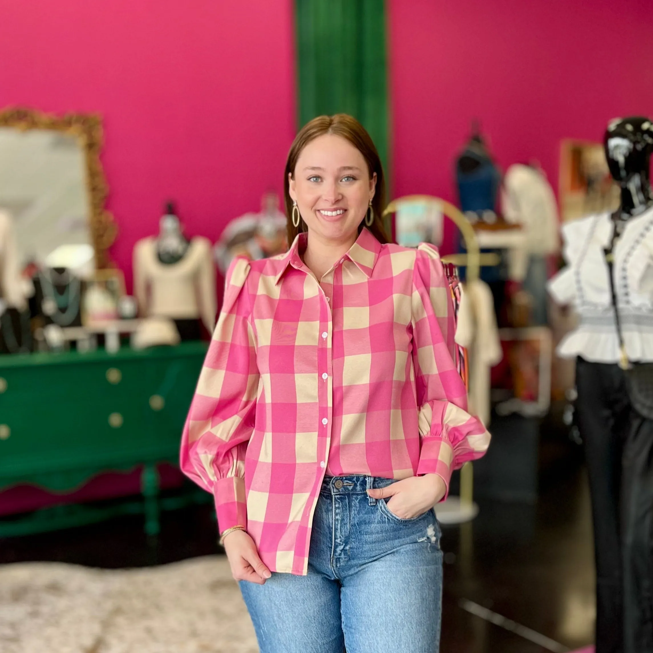 Pink & Ivory Gingham Button Up Top