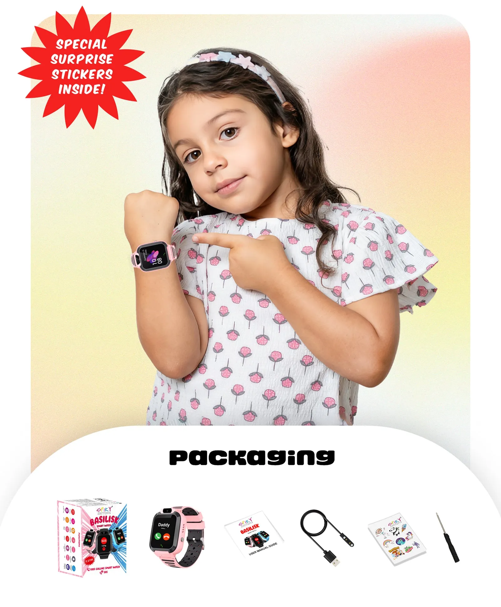 Spiky Basilisk Kids' Cute Waterproof Smartwatch With GPS - Pink