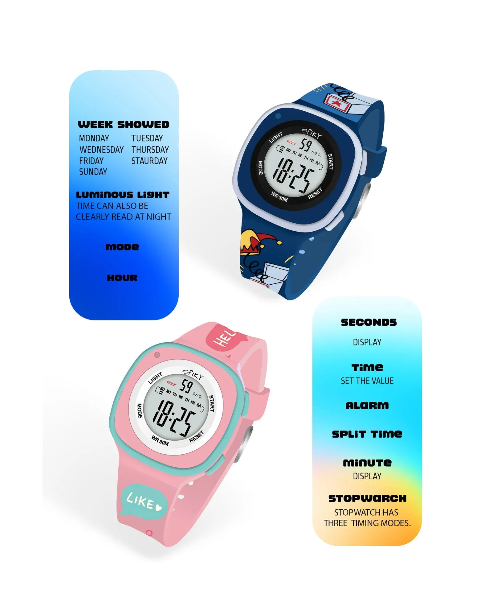 Spiky Square Digital Kids Sports Watches Combo - Pink & Blue