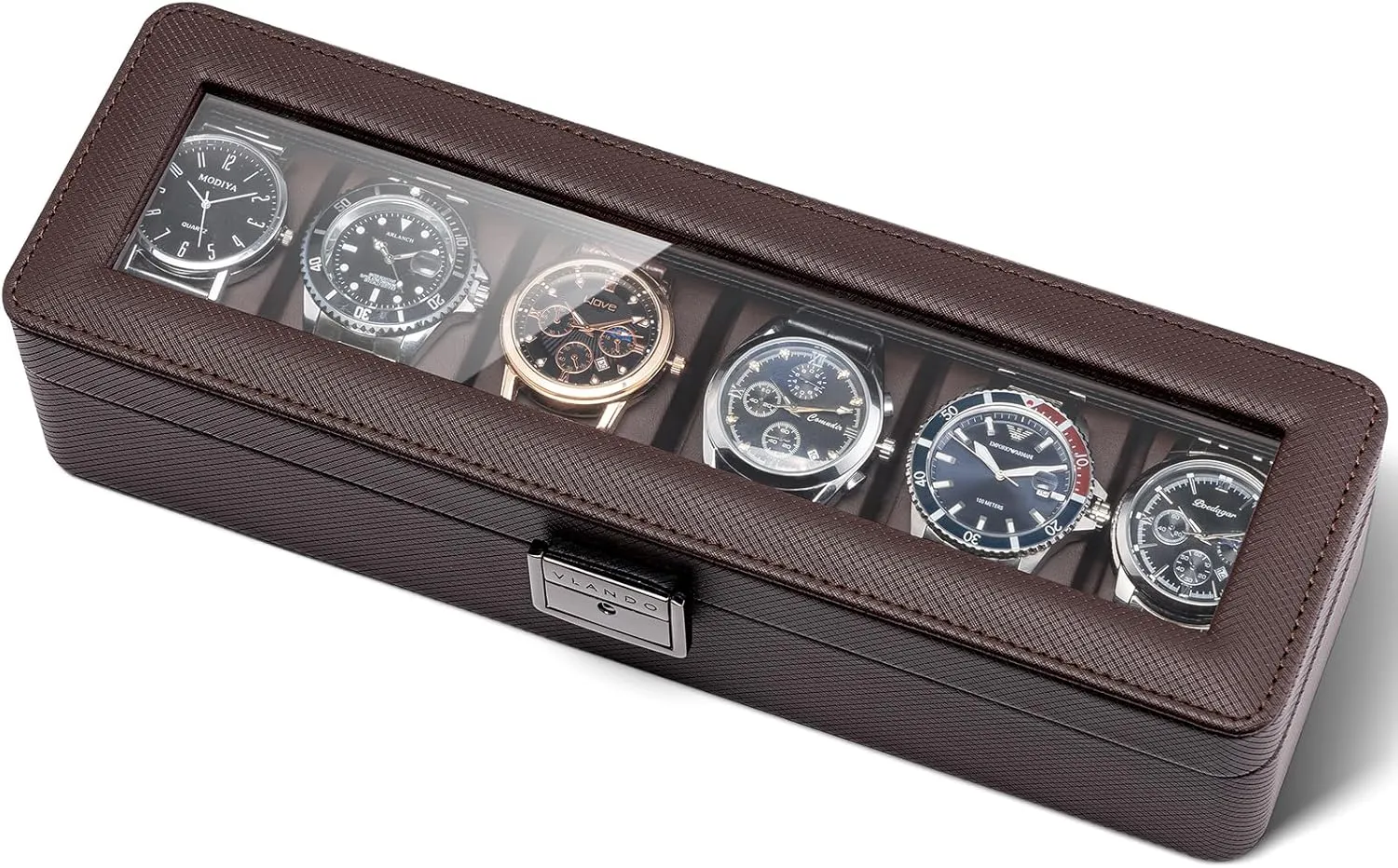 Vlando Watch Case for Men, 6-Slot Watch Box with Glass Lid, Lockable, Business Textured Leather, Soft Pillow, Gift for Fathers, Husband, Friend - Deep Brown