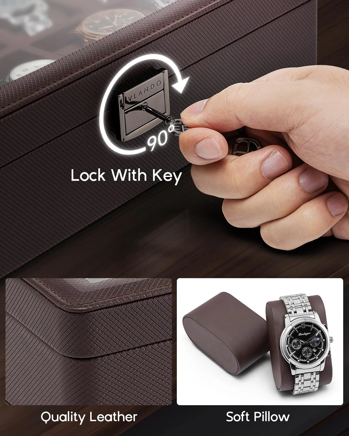 Vlando Watch Case for Men, 6-Slot Watch Box with Glass Lid, Lockable, Business Textured Leather, Soft Pillow, Gift for Fathers, Husband, Friend - Deep Brown